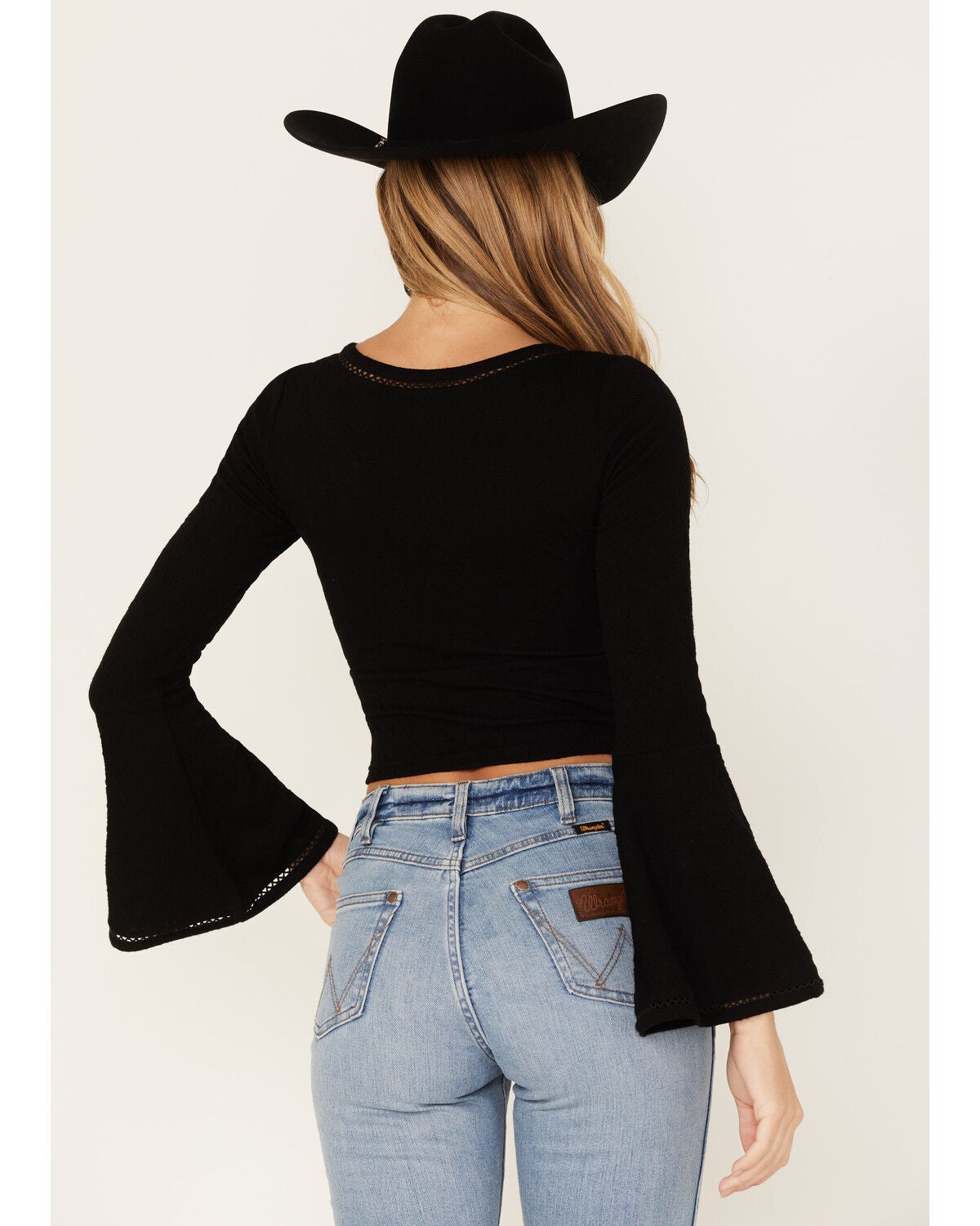 Image #4 - Shyanne Women's Deep V-Neck Bell Sleeve Crop Top, Black, hi-res