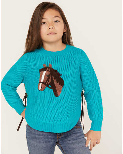 Image #1 - Cotton & Rye Girls' Horse Graphic Sweater, Turquoise, hi-res