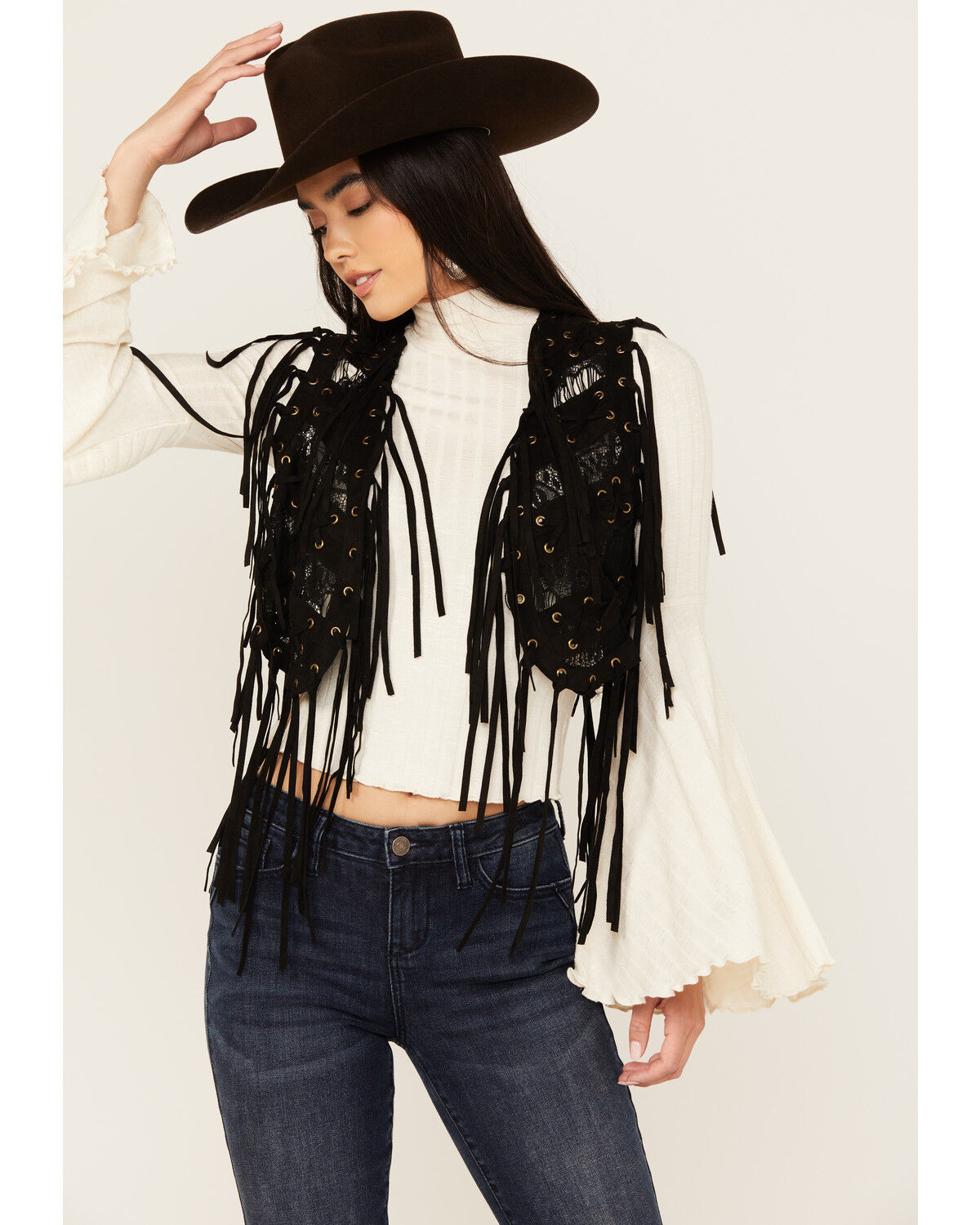 Image #1 - Vocal Women's Braided Lace Fringe Vest, Black, hi-res