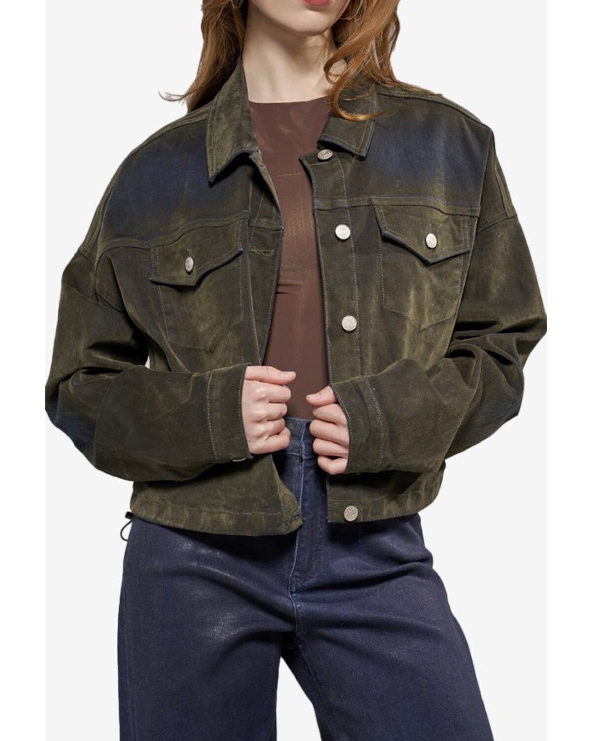 Image #1 - Azalea Wang Women's Velvet Button-Down Cropped Denim Jacket, Olive, hi-res