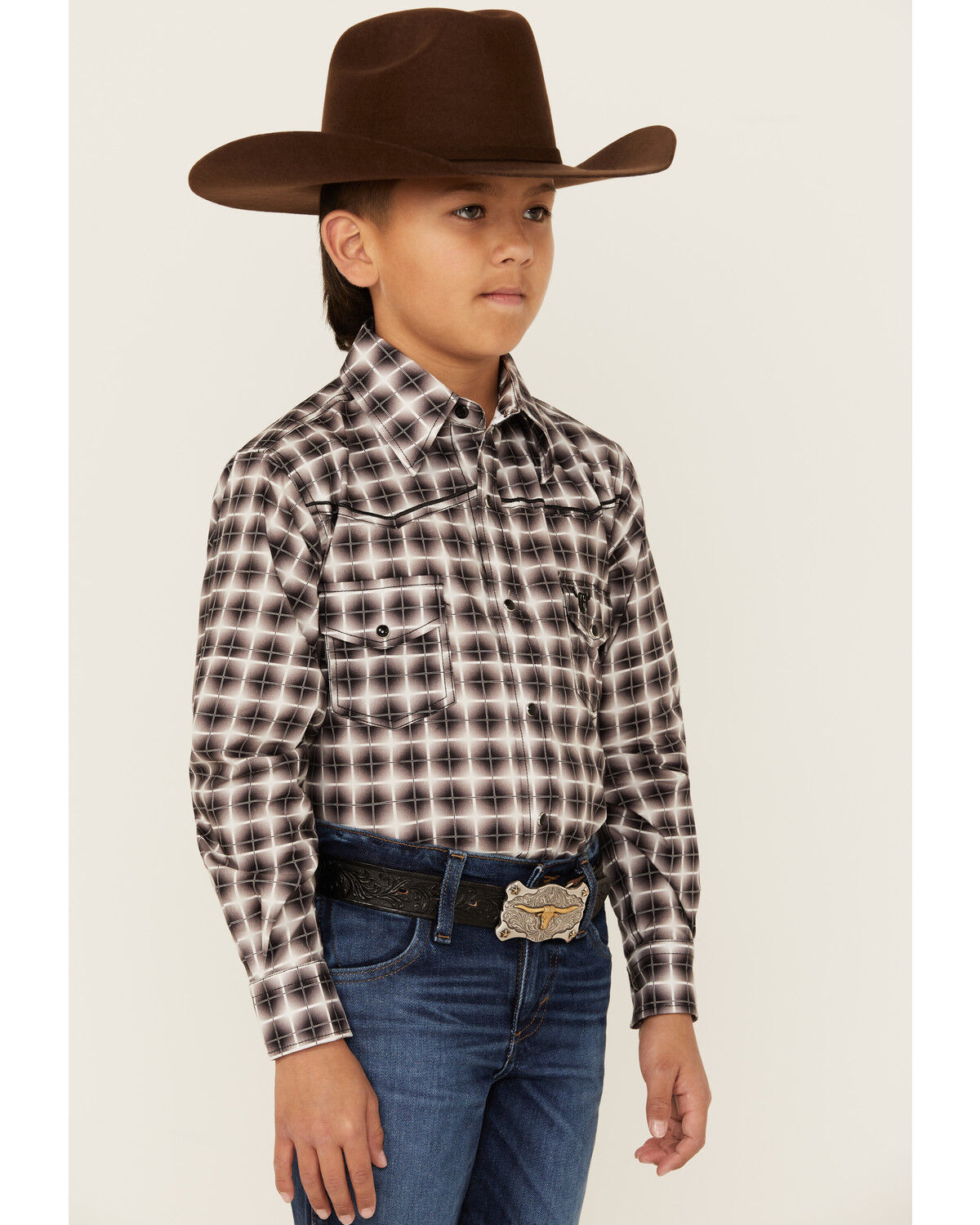 Image #2 - Cowboy Hardware Boys' Plaid Print Long Sleeve Snap Stretch Western Shirt, Black, hi-res