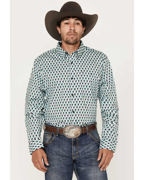 Image #1 - RANK 45® Men's Rampage Geo Long Sleeve Button-Down Western Shirt, Green, hi-res