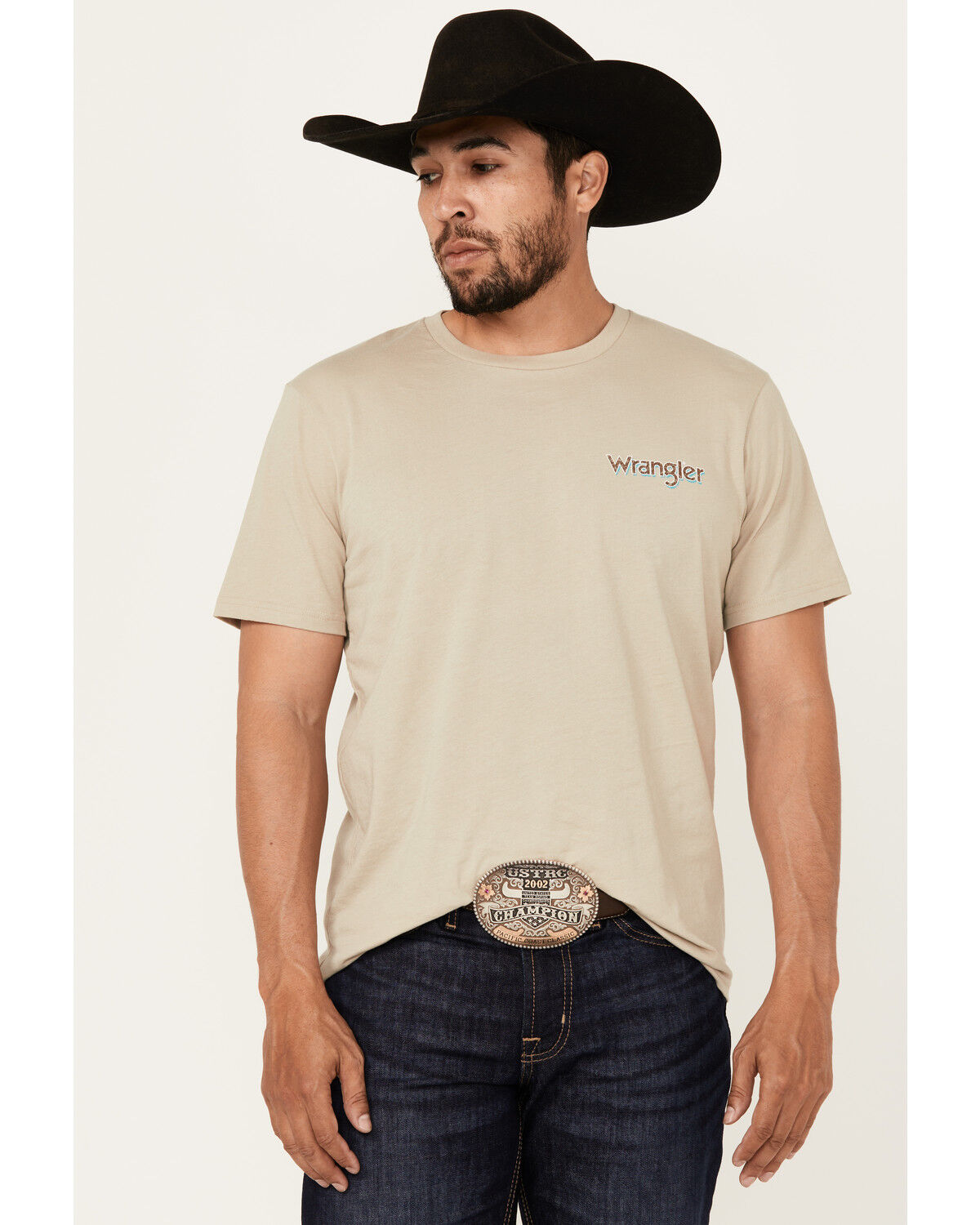 Image #1 - Wrangler Men's Boot Barn Exclusive Logo Short Sleeve Graphic T-Shirt, Sand, hi-res