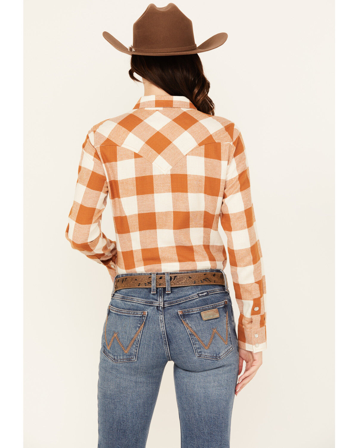Image #4 - Wrangler Retro Women's Boot Barn Exclusive Plaid Print Long Sleeve Pearl Snap Flannel Shirt, Rust Copper, hi-res