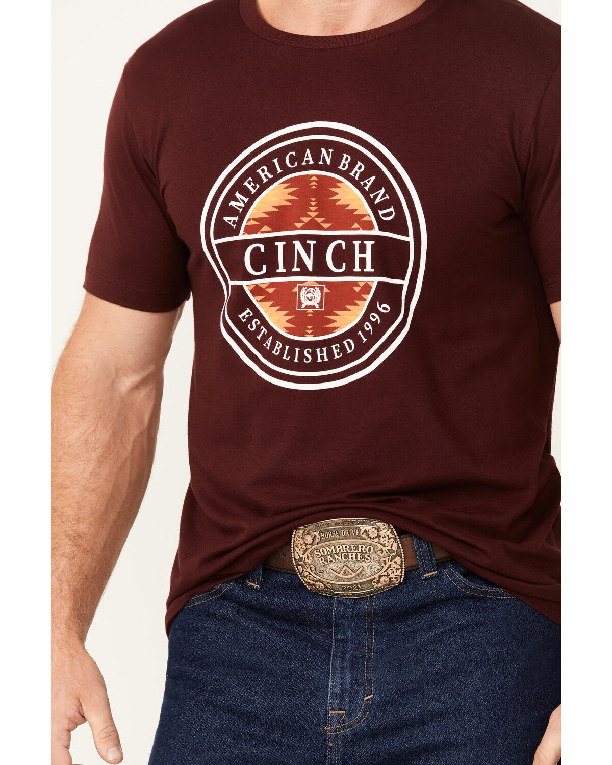 Image #3 - Cinch Men's Boot Barn Exclusive Southwestern Circle Logo Short Sleeve Graphic T-Shirt, Burgundy, hi-res