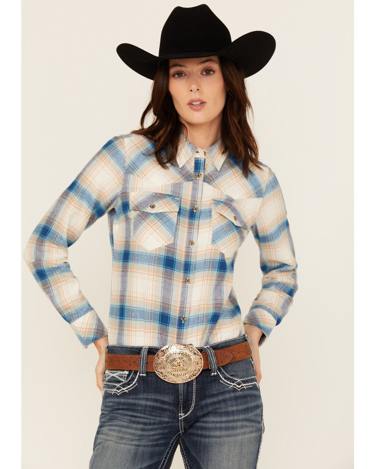 Shyanne Women's Plaid Print Long Sleeve Button-Down Western Shirt, Ivory, hi-res