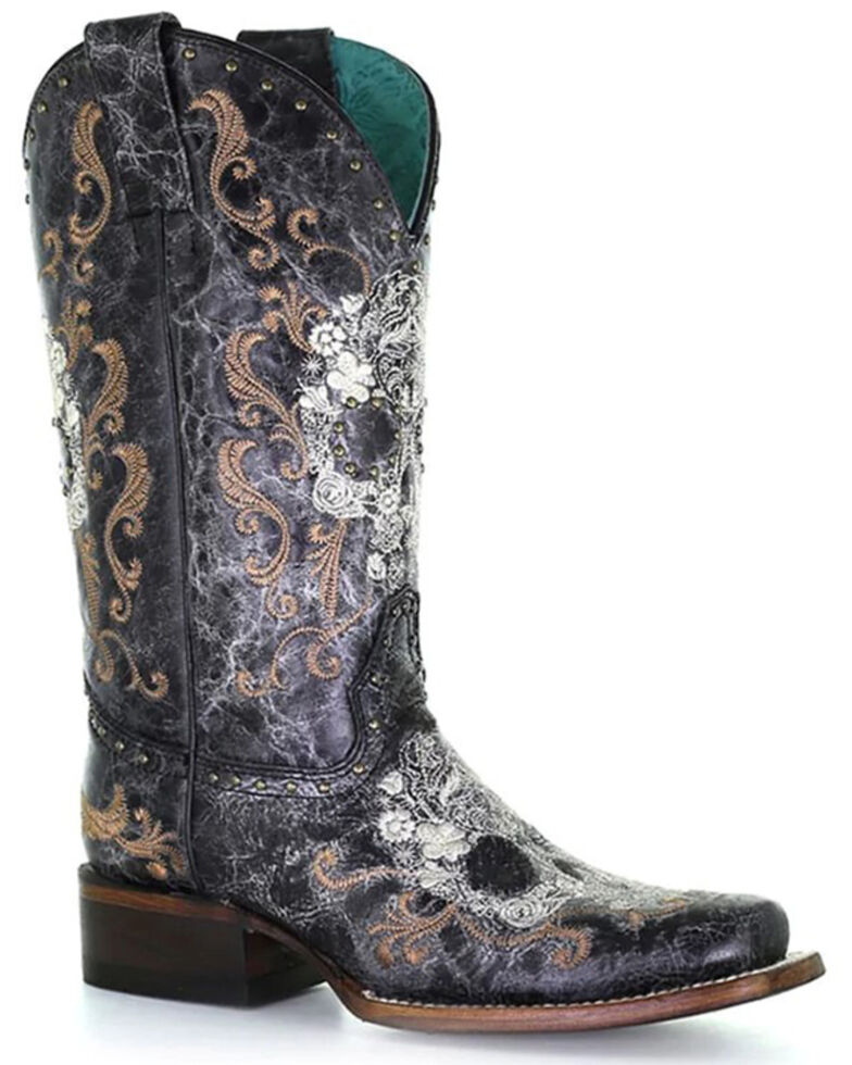 Corral Women's Floral Skull Embroidery & Studs Western Boots - Square Toe, Black/white, hi-res