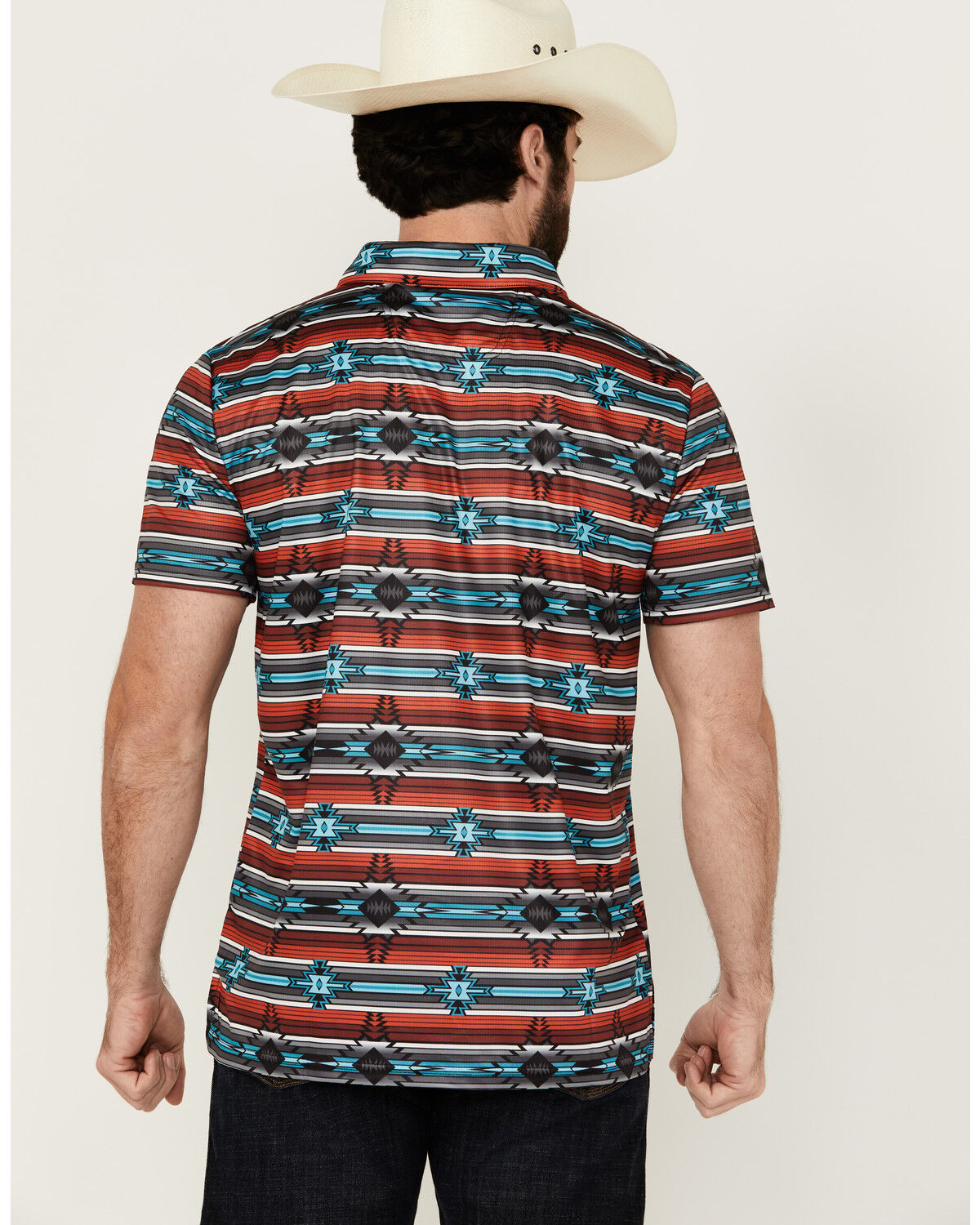Image #4 - Rock & Roll Denim Men's Southwestern Striped Short Sleeve Stretch Polo Shirt, Red, hi-res