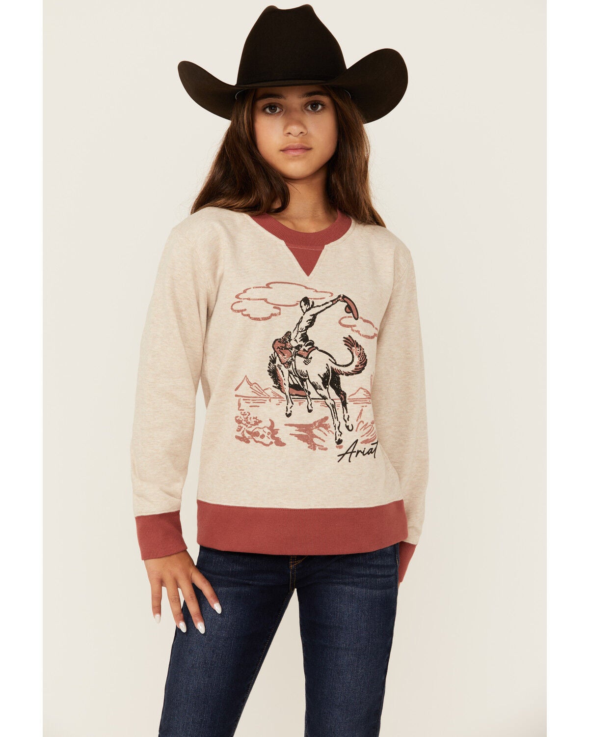 Ariat Girls' Bronco Print Long Sleeve Graphic Shirt, Oatmeal, hi-res