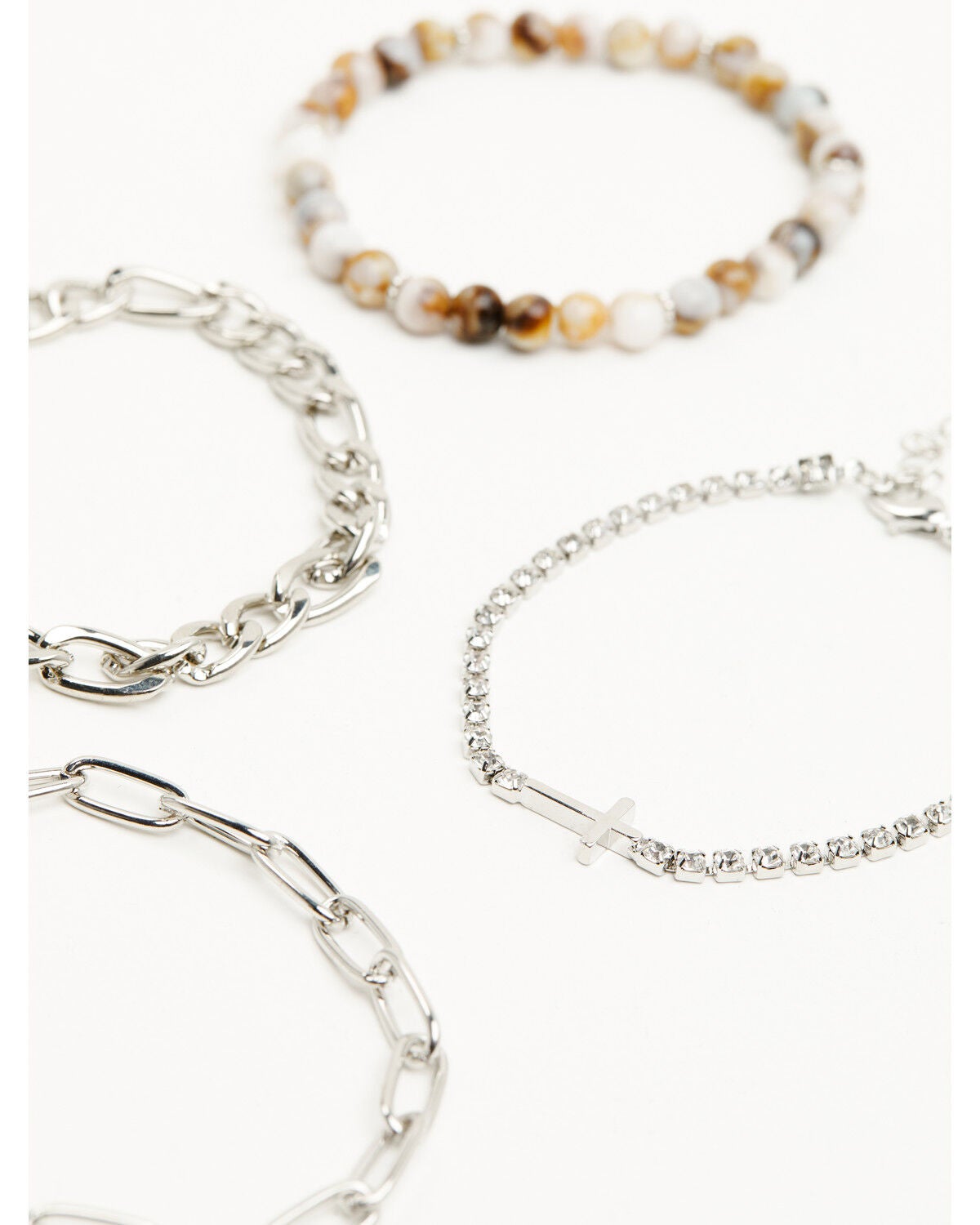 Shyanne Women's Cross Rhinestone and Natural Beaded Chain Bracelet Set - 4 Piece, Silver, hi-res