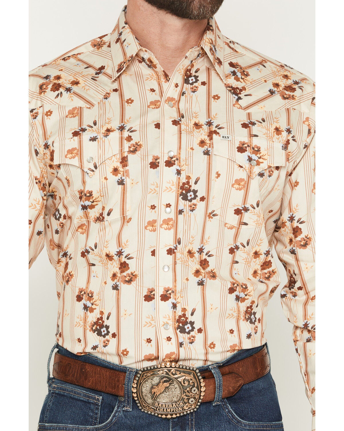 Image #3 - Ely Walker Men's Floral Striped Long Sleeve Pearl Snap Western Shirt, Cream, hi-res