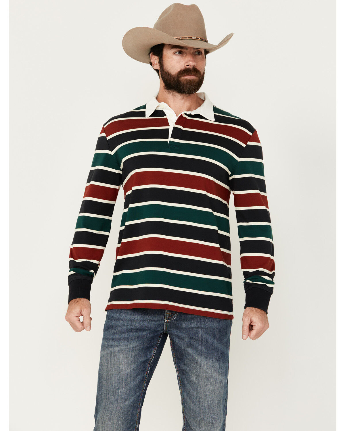 Image #1 - Pendleton Men's Decker Rugby Striped Long Sleeve Polo Shirt, Red, hi-res