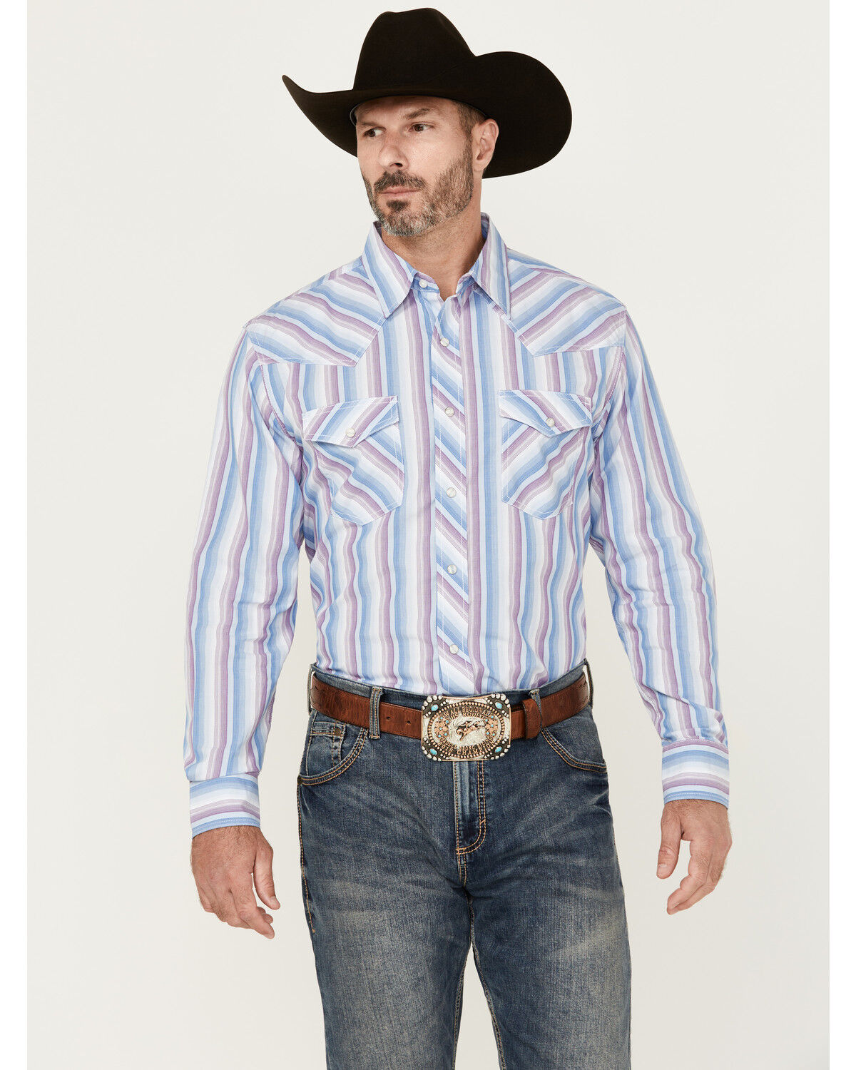 Image #1 - Wrangler 20X Men's Striped Print Long Sleeve Snap Stretch Western Shirt, Blue, hi-res