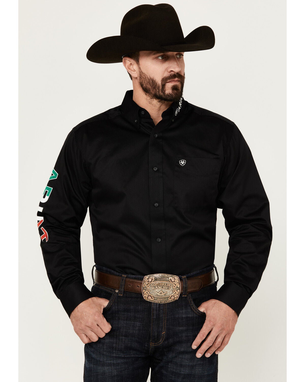 Image #1 - Ariat Men's Twill Fitted Team Mexico Solid Long Sleeve Button-Down Western Shirt, Black, hi-res
