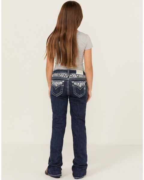 Image #1 - Miss Me Girls' Dark Wash Burnout Distressed Star Embroidered Bootcut Denim Jeans , Blue, hi-res