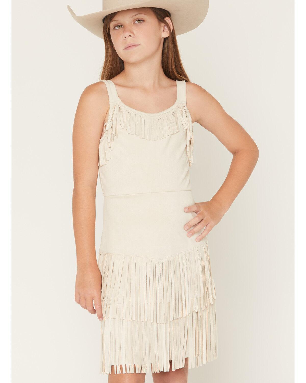 Image #2 - Shyanne Girls' Solid Faux Suede Fringe Sleeveless Dress, Ivory, hi-res