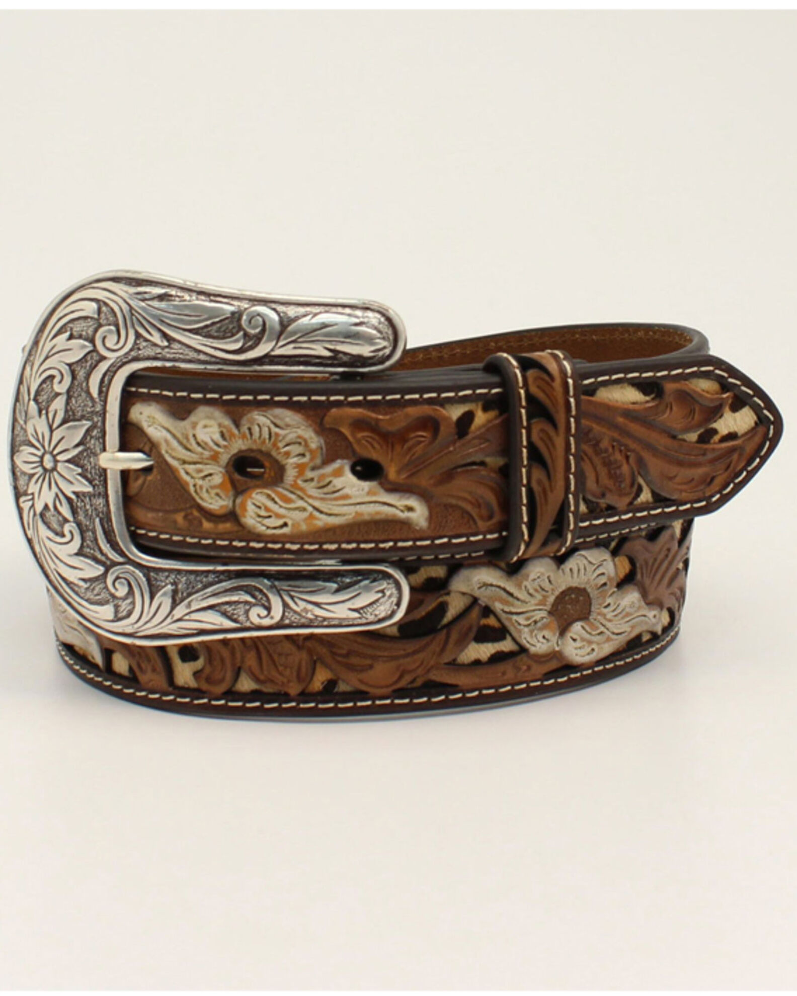 Image #1 - Nocona Women's Tooled Leopard Print Floral Western Belt, Brown, hi-res