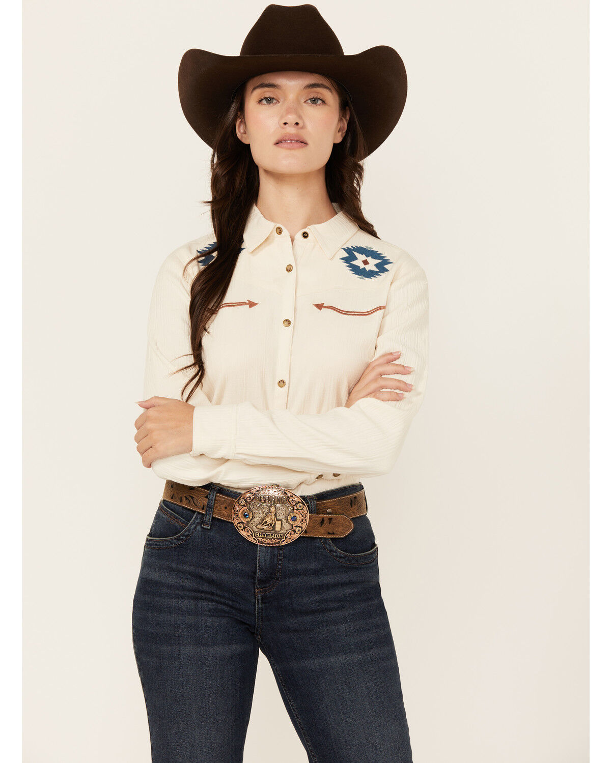 Image #1 - Shyanne Women's Western Embroidered Long Sleeve Snap Western Shirt, Cream, hi-res
