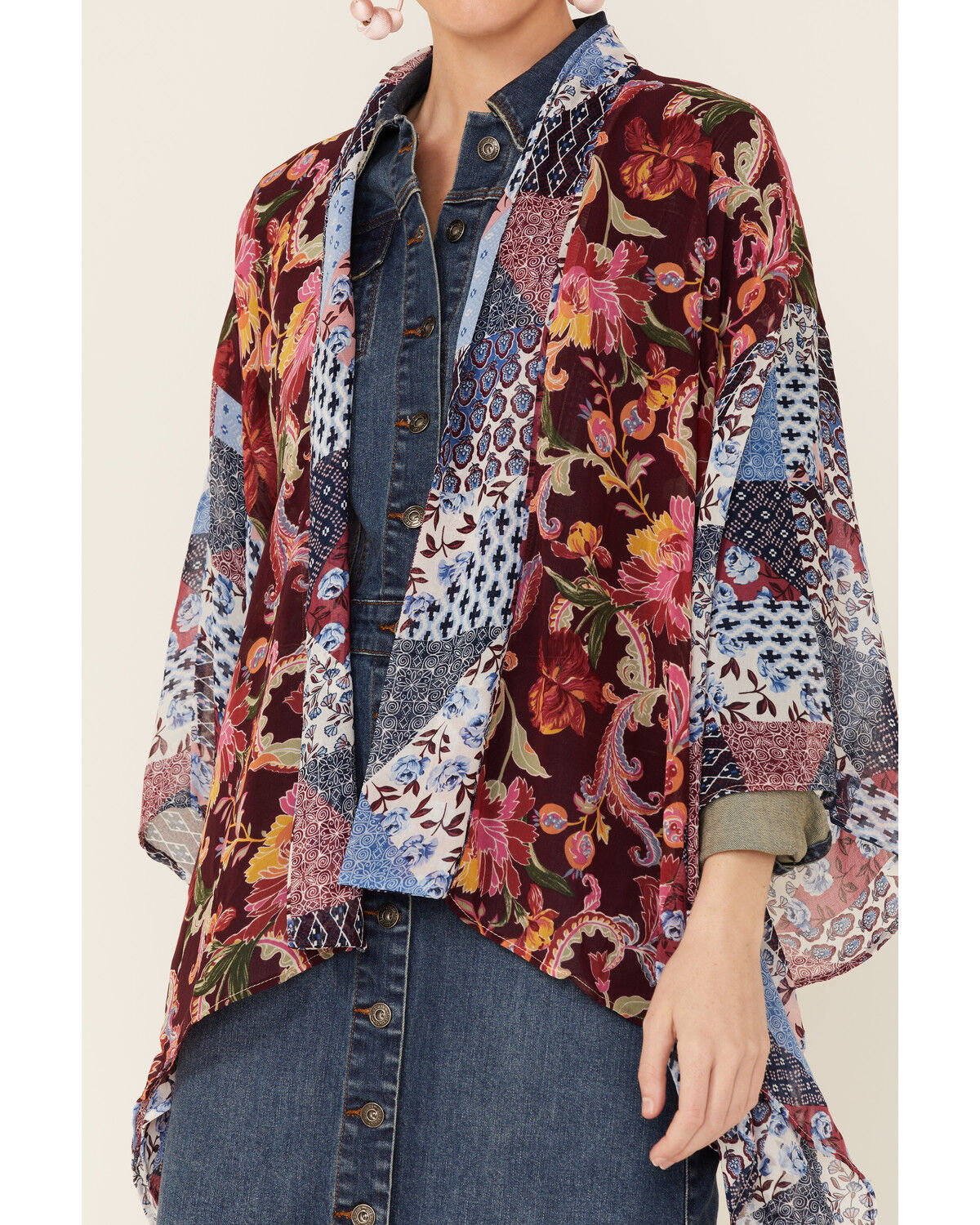 Image #2 - LaBiz Women's Navy & Burgundy Floral Short Kimono, Navy, hi-res