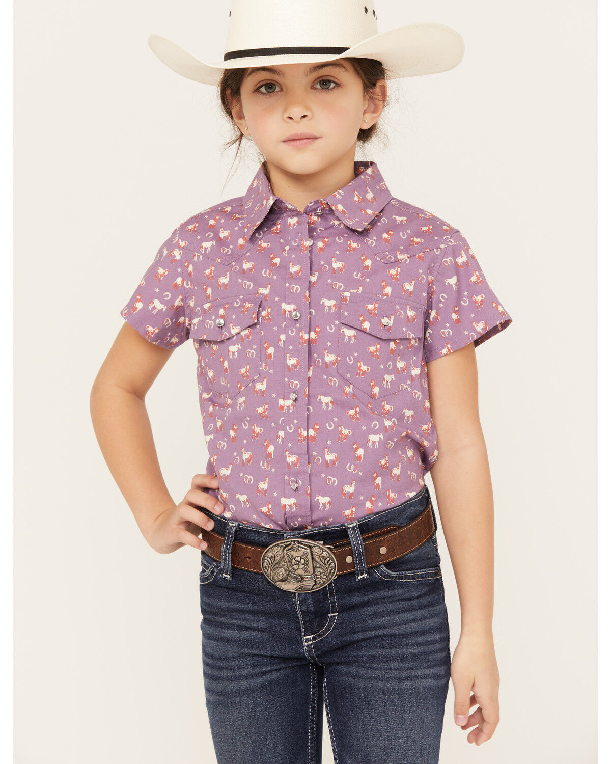 Image #1 - Shyanne Girls' Printed Short Sleeve Button-Down Western Stretch Shirt, Purple, hi-res