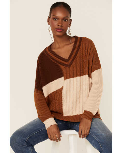 Wild Moss Women's Patchwork Mixed Knit Sweater, Brown, hi-res