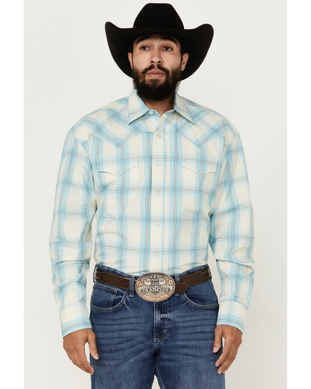 Image #1 - Stetson Men's Plaid Print Long Sleeve Pearl Snap Western Shirt, Turquoise, hi-res
