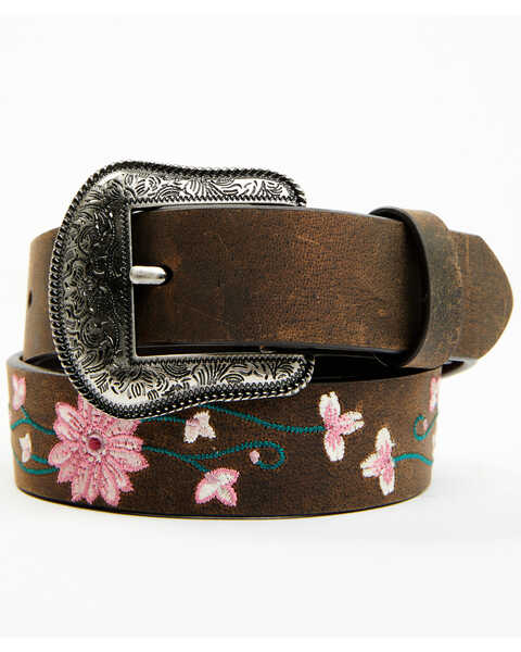 Shyanne Girls' Floral Embroidered Belt, Brown, hi-res