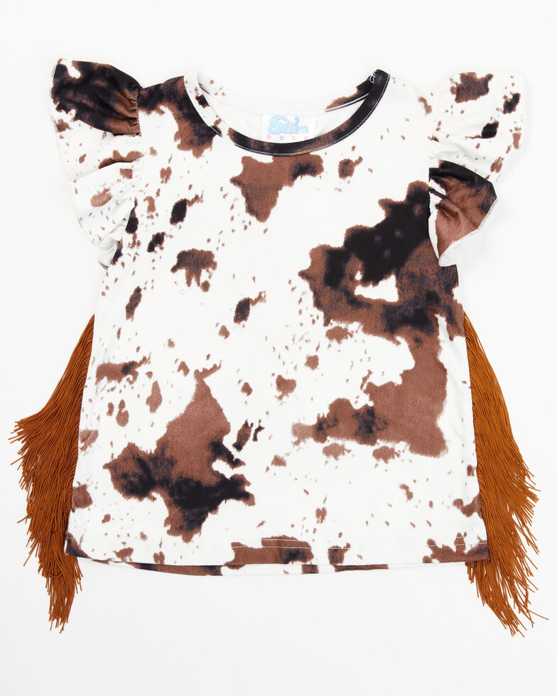 Shea Baby Toddler-Girls' Cow Print Ruffle Fringe Top, Brown, hi-res