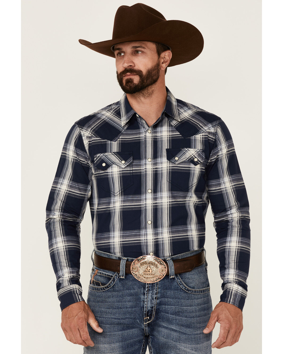 Image #1 - Cody James Men's Transfer Large Plaid Long Sleeve Snap Western Shirt, Navy, hi-res