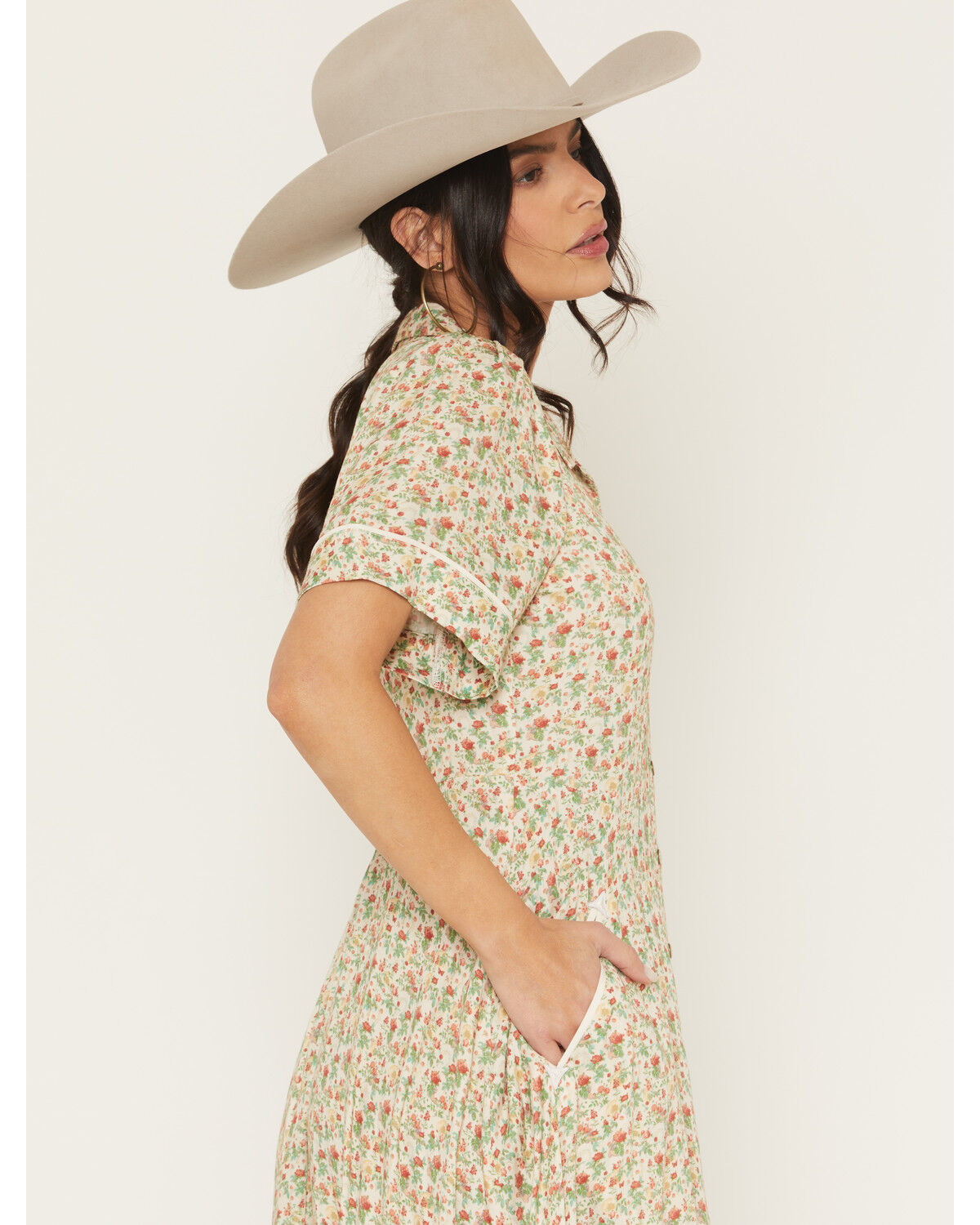 Image #2 - Sendero Provisions Women's La Dahlia Floral Print Short Sleeve Midi Dress, Cream, hi-res