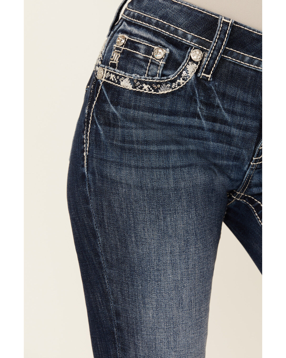 Image #4 - Miss Me Women's Dark Wash Mid Rise 32" Bootcut Stretch Denim Jeans, Dark Wash, hi-res