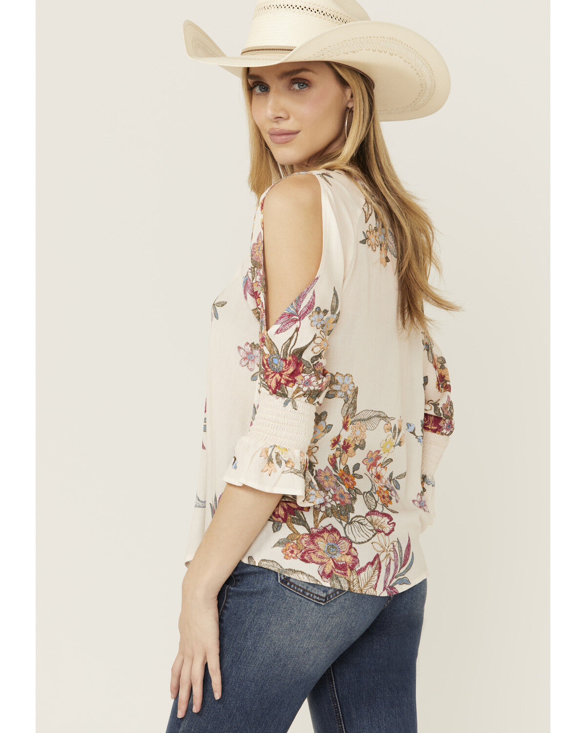 Image #4 - Wild Moss Women's Floral Print Cold Shoulder Top, Cream, hi-res