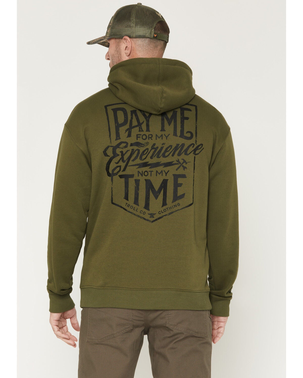 Troll Co Men's Pay Me Graphic Hooded Sweatshirt, Olive, hi-res