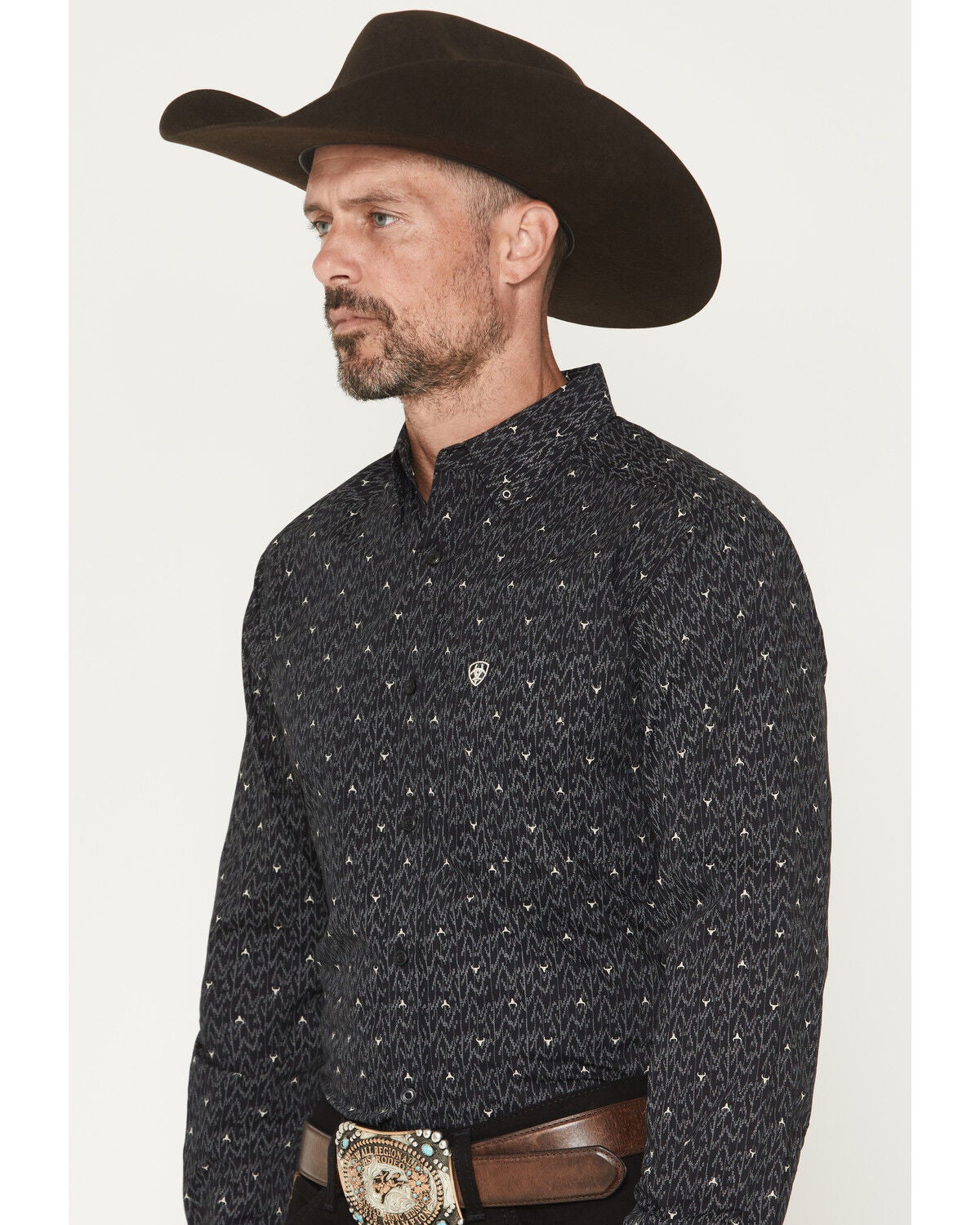 Image #2 - Ariat Men's Wheaton Steer Head Print Fitted Long Sleeve Western Shirt, Black, hi-res