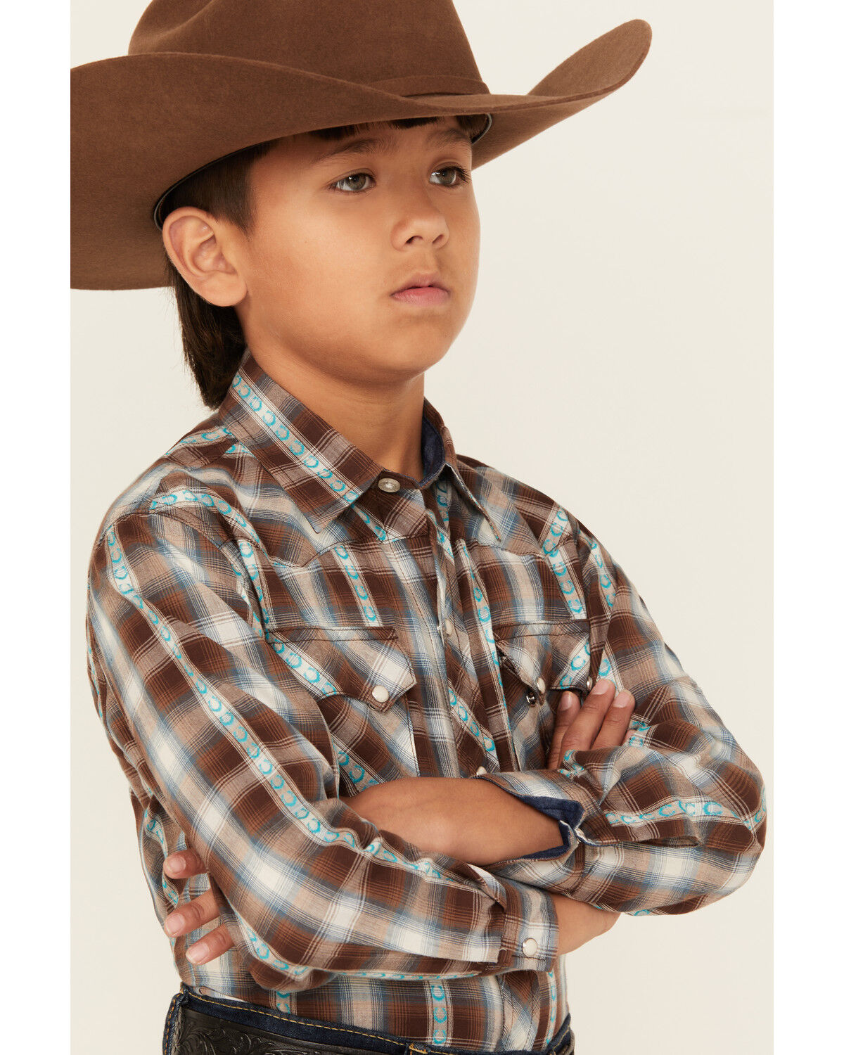 Image #2 - Roper Boys' Plaid Print Horseshoe Long Sleeve Snap Western Shirt, Brown, hi-res