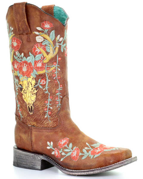 Image #1 - Corral Women's Deer Skull Overlay Western Boots - Square Toe, Brown, hi-res