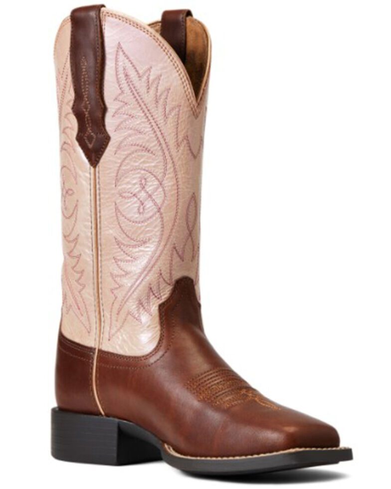 Ariat Women's Round Up Festival Brown & Champagne Stretch Full Grain Leather Western Boot - Wide Square Toe , Brown, hi-res