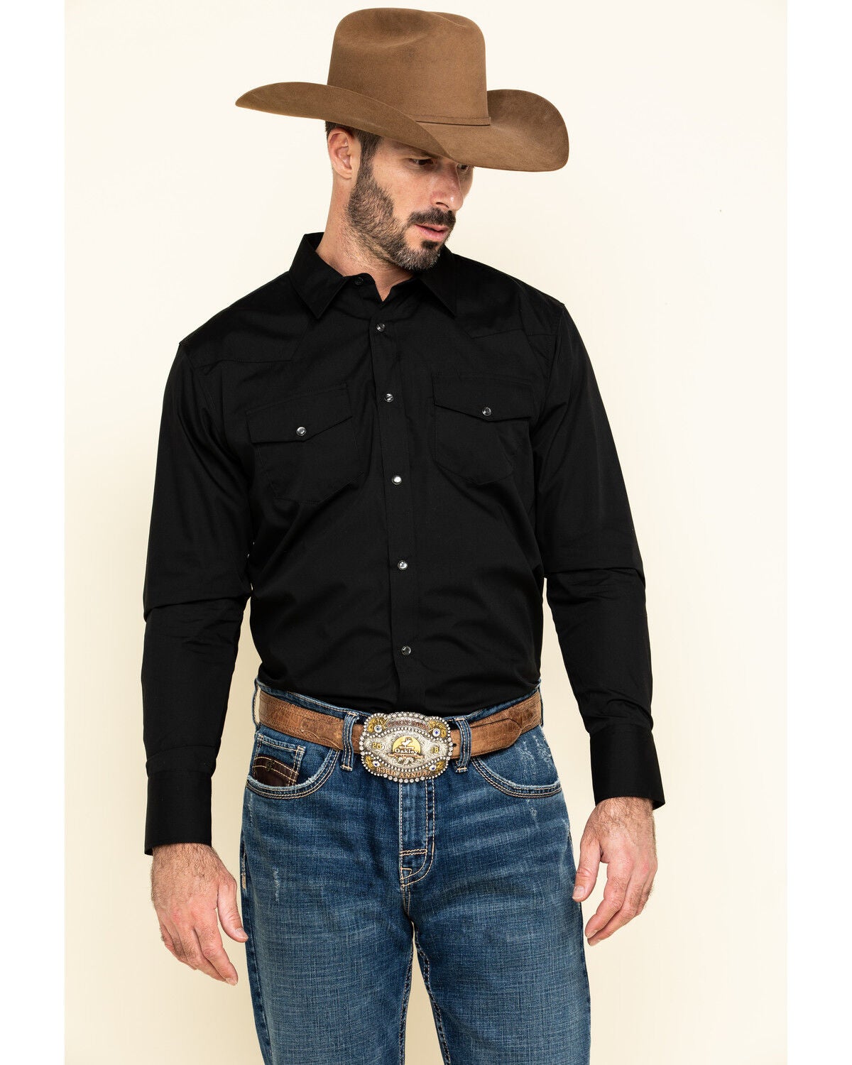 Gibson Men's Long Sleeve Snap Western Shirt - Big, Black, hi-res