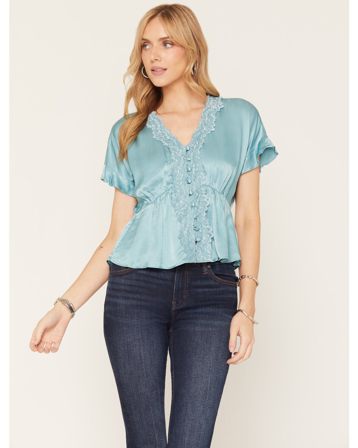 Shyanne Women's Gulch Lace Trim Ruffle Sleeve Top, Ocean Blue, hi-res