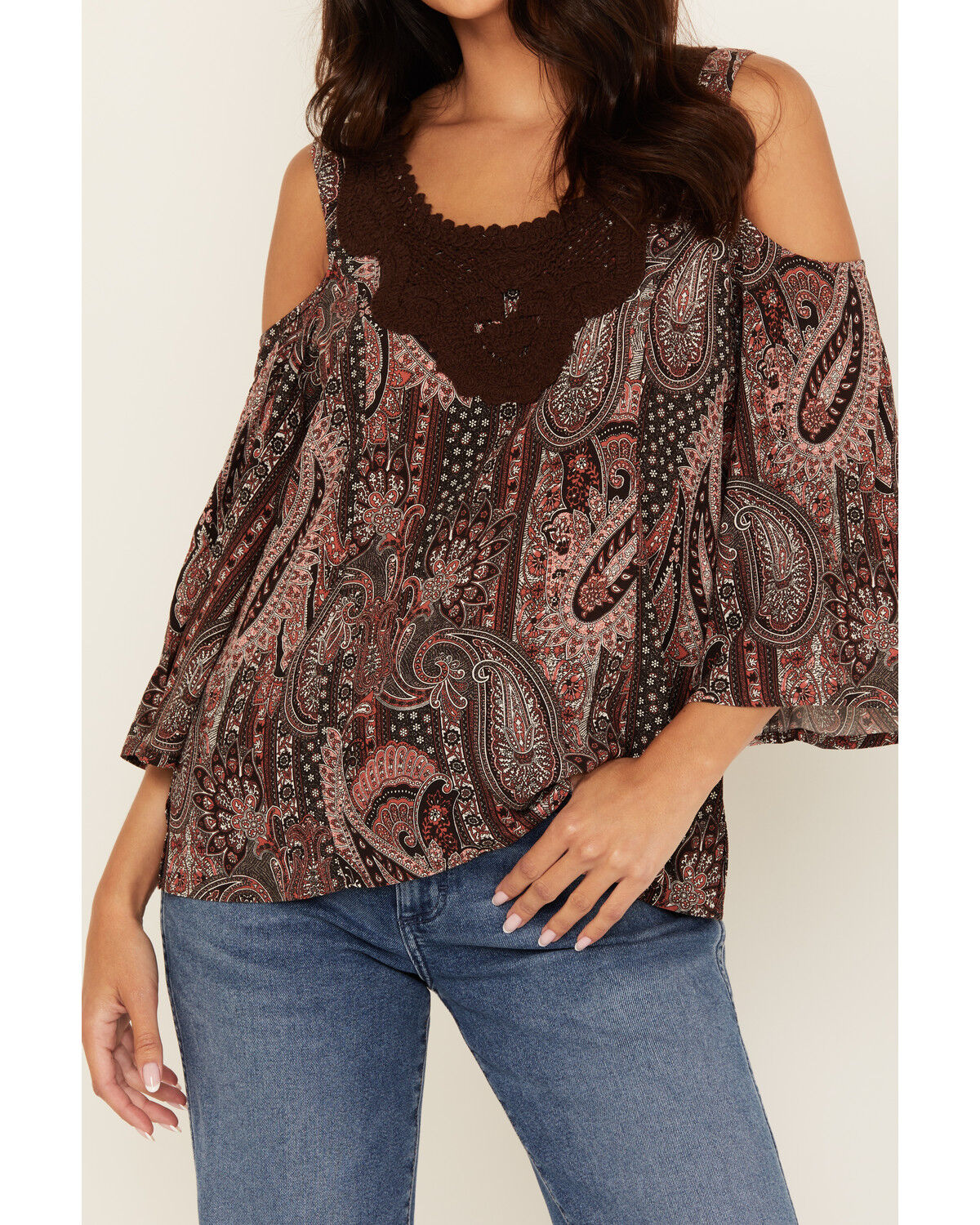 Image #3 - Shyanne Women's Printed Cold Shoulder Crochet Trim Top, Chocolate, hi-res