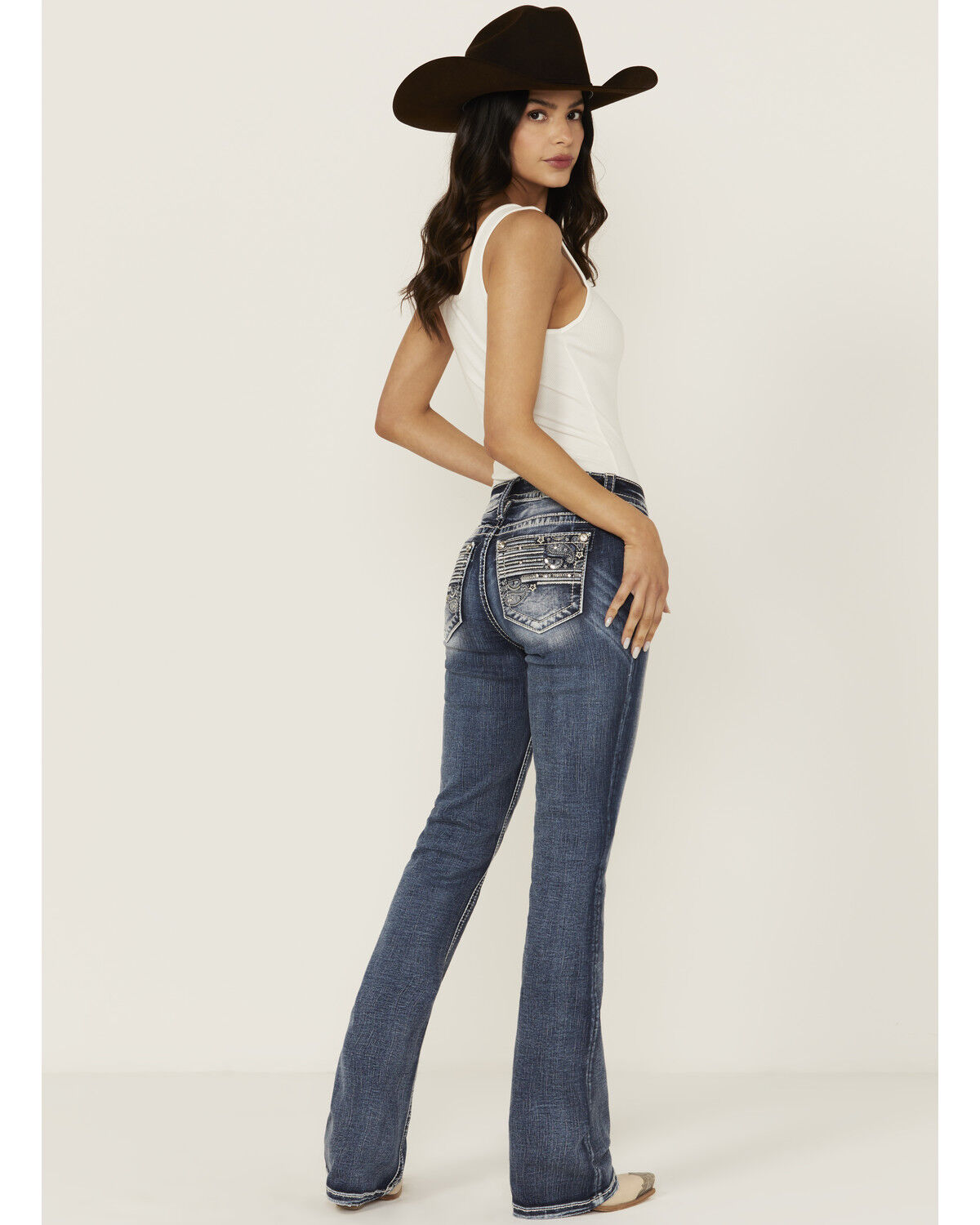 Image #1 - Miss Me Women's Dark Wash Mid Rise Flag Pocket Bootcut Stretch Denim Jeans, Dark Wash, hi-res