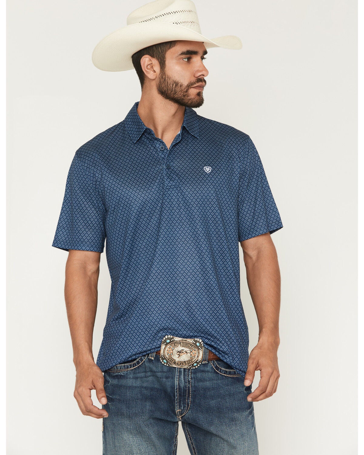 Image #1 - Ariat Men's AriatTEK Medallion Print Short Sleeve Polo, Dark Blue, hi-res