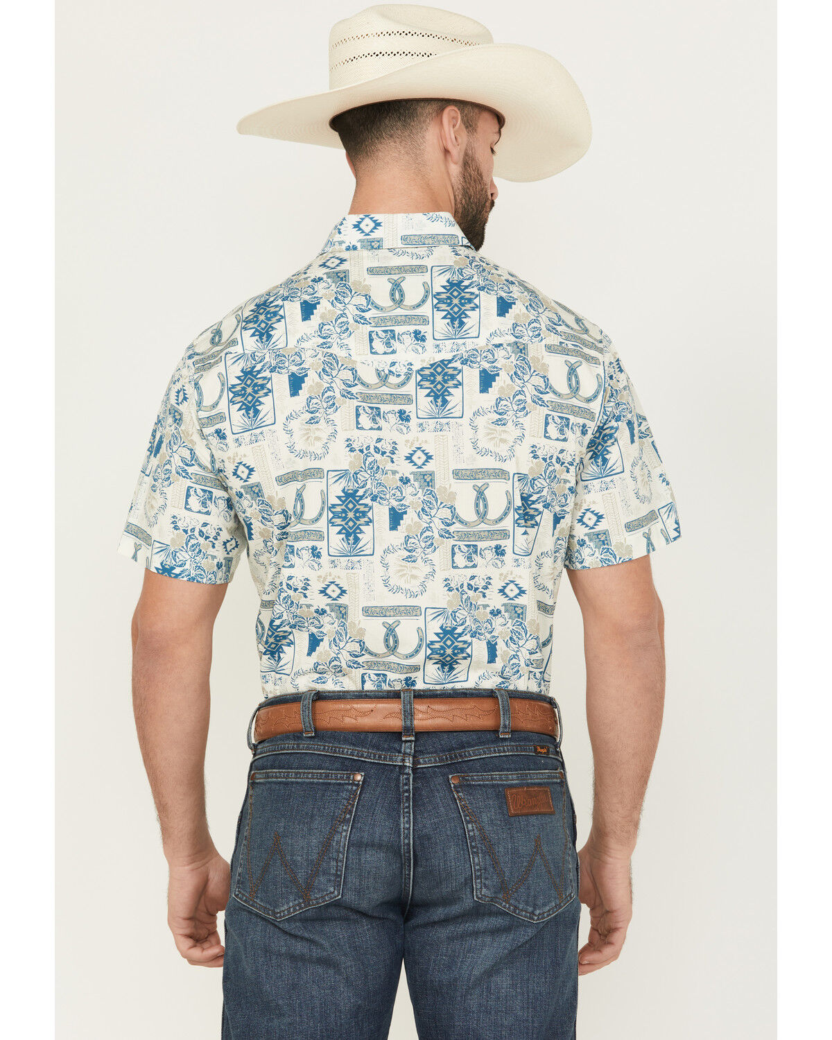 Image #4 - Roper Men's West Made Print Short Sleeve Snap Western Shirt, Cream, hi-res
