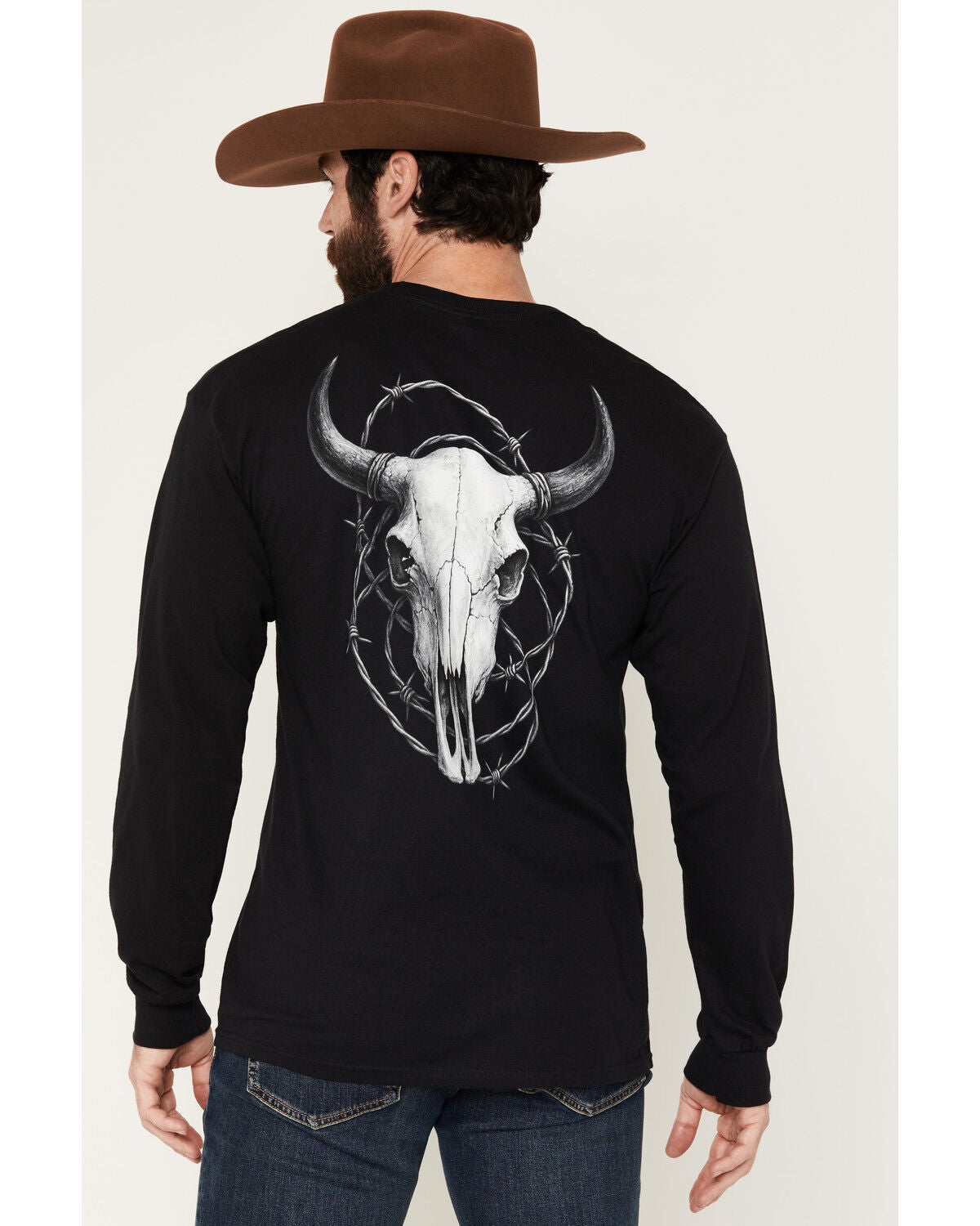 Image #1 - RANK 45&reg; Men's Barbed Wire Steerhead Long Sleeve Graphic T-Shirt, Black, hi-res