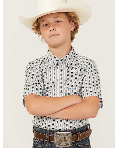 Image #1 - Cody James Boys' Printed Striped Short Sleeve Snap Western Shirt, White, hi-res