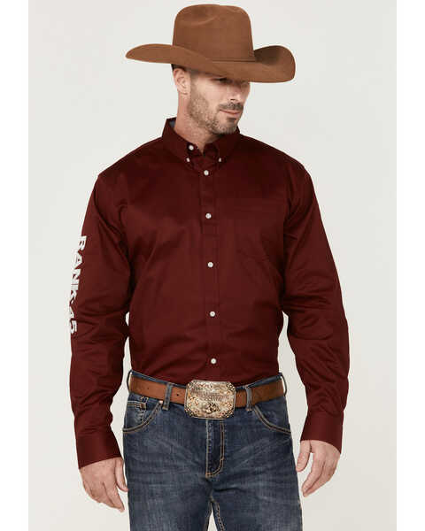 RANK 45® Men's Performance Twill Logo Long Sleeve Button-Down Western Shirt , Burgundy, hi-res