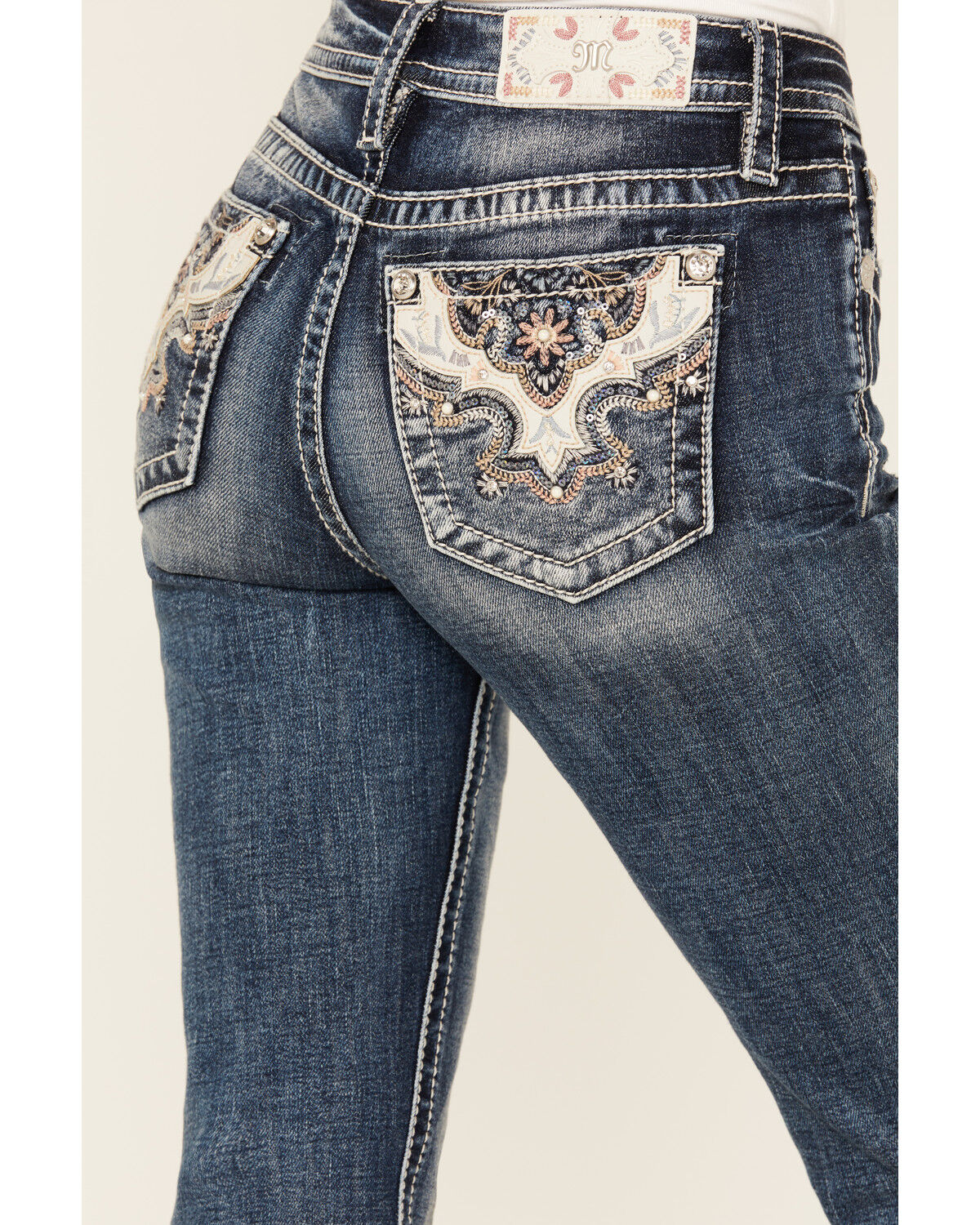 Image #2 - Miss Me Women's Dark Wash Mid Rise Floral Pocket Slim Bootcut Stretch Denim Jeans, Dark Wash, hi-res