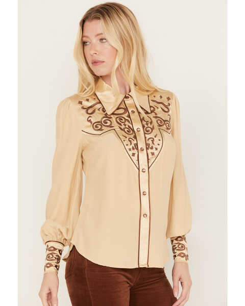 Image #2 - Shyanne Women's Long Sleeve Embroidered Western Snap Shirt, Taupe, hi-res