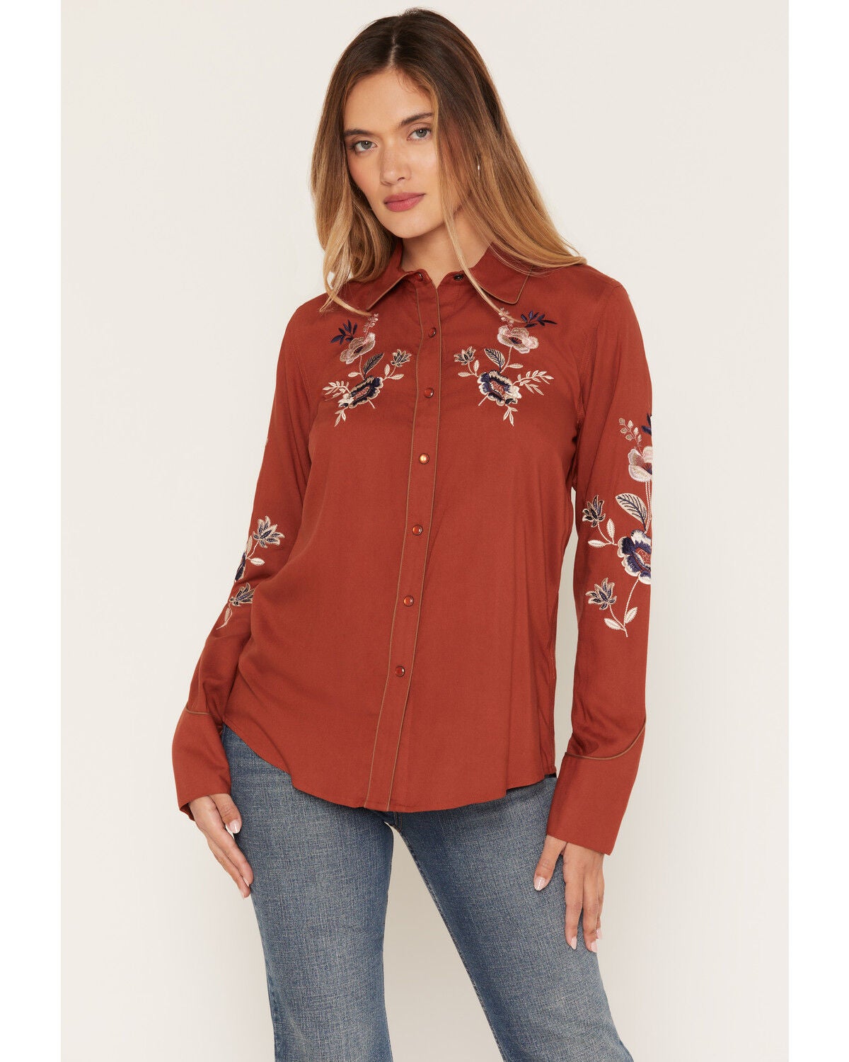 Shyanne Women's Linden Floral Embroidered Long Sleeve Pearl Snap Western Shirt, Brick Red, hi-res