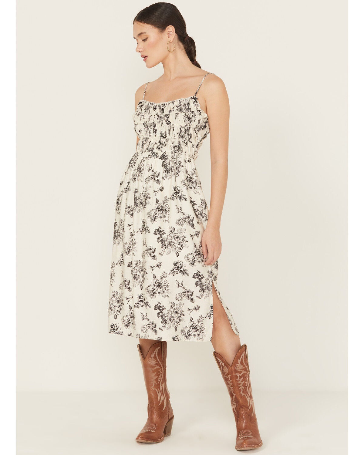 Wild Moss Women's Floral Print Smocked Midi Dress, Ivory, hi-res